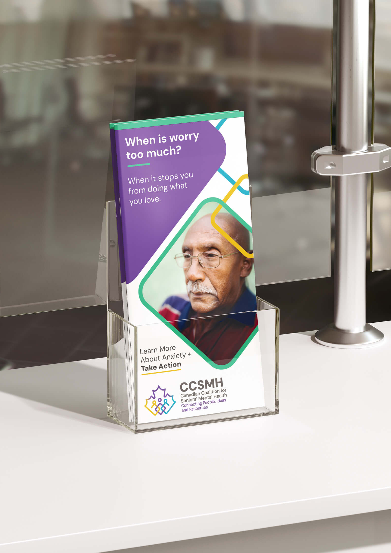 The CCSMH Depression brochure in a stand on a shelf